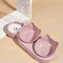 3-in-1 Pet Bowls with Gravity Water Feeder – Tilted Cat Food &amp; Water Bowl Set with Ear Design, Neck Protection Feeding Station for Cats and Small Dogs