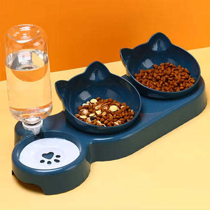 3-in-1 Pet Bowls with Gravity Water Feeder – Tilted Cat Food &amp; Water Bowl Set with Ear Design, Neck Protection Feeding Station for Cats and Small Dogs