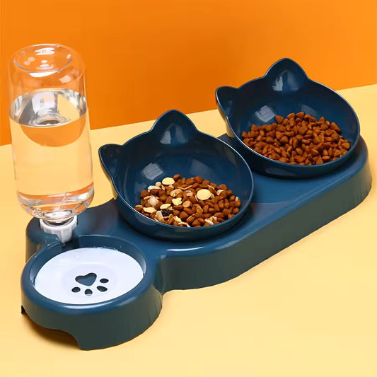 3-in-1 Pet Bowls with Gravity Water Feeder – Tilted Cat Food &amp; Water Bowl Set with Ear Design, Neck Protection Feeding Station for Cats and Small Dogs