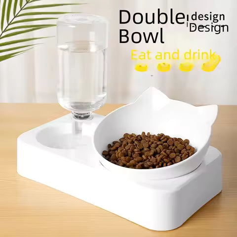 3-in-1 Pet Bowls with Gravity Water Feeder – Tilted Cat Food &amp; Water Bowl Set with Ear Design, Neck Protection Feeding Station for Cats and Small Dogs